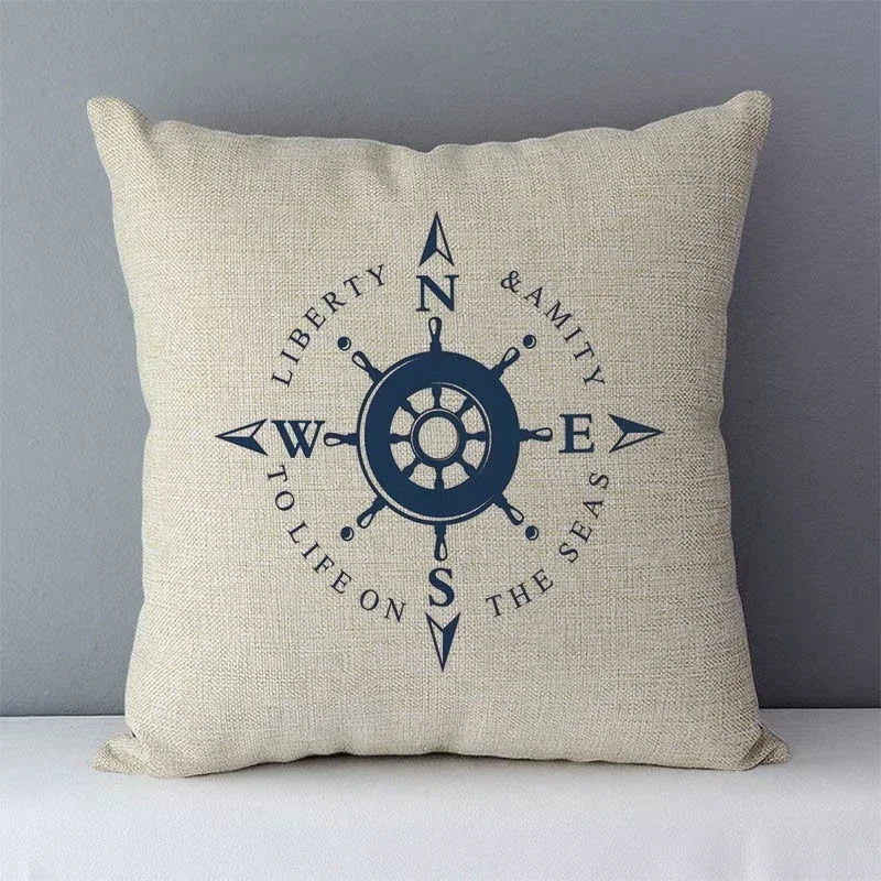Navy Blue Mediterranean Print Linen Cushion Cover by Axyaa - 45x45cm