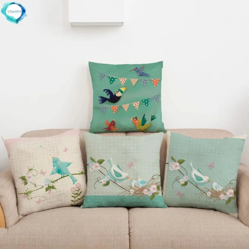 Blue Flower Bird Branch Pattern Cushion Set by Axyaa - Square Pillowcase Home Decoration