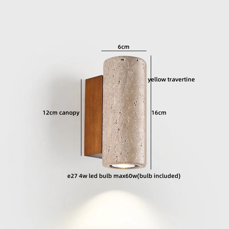 Axyaa Round Yellow Travertine LED Wall Lamp Indoor Decor Stone Wood Stair Light