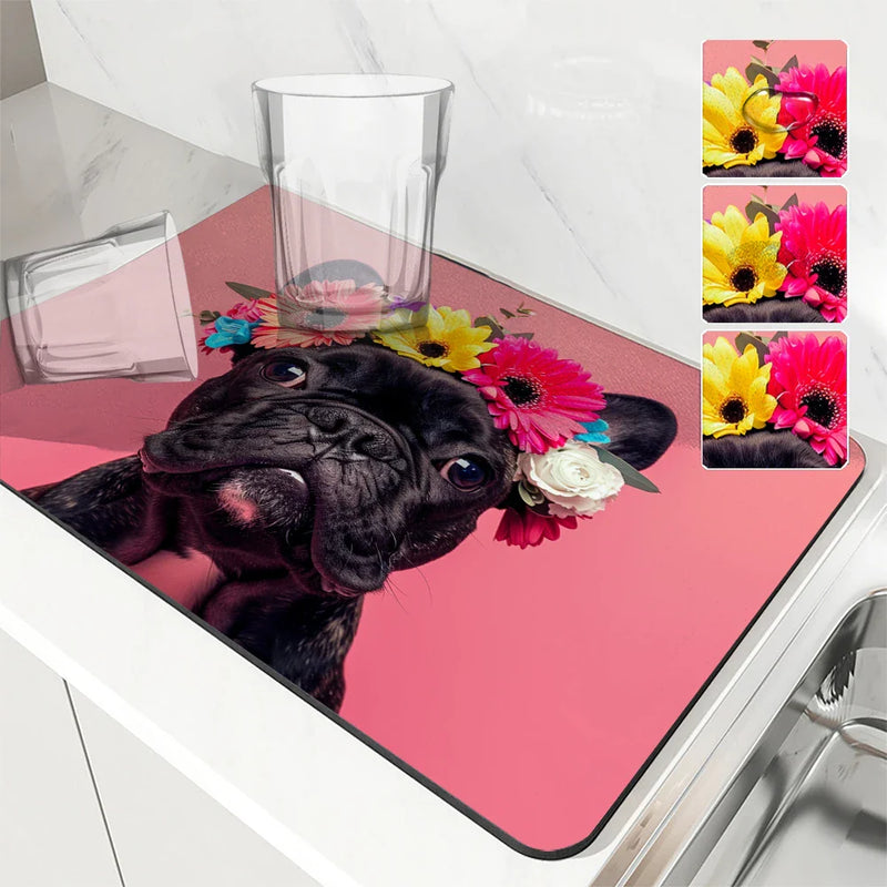 Axyaa Absorbent Coffee Dish Mat: Non-Slip Animal & Plant Design, Quick Dry Kitchen & Bathroom Drain Pad