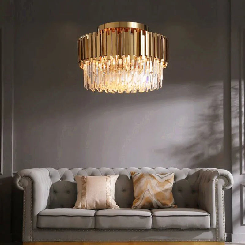 Axyaa Gold Round Crystal Ceiling Lamp for Modern Living Room LED Lighting Fixtures