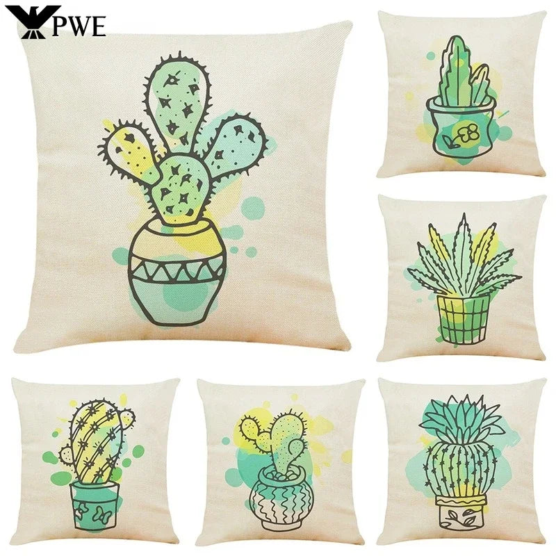 Axyaa Cactus Linen Pillowcase for Home Décor