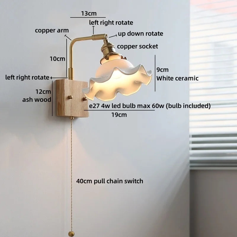 Axyaa White Ceramic LED Wall Lamp, Warm Light, Nordic Modern Round Flower Shade