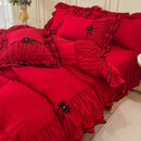 Axyaa Princess Bow Seersucker Bedding Set: Ruffle Lace Bed Skirt, Solid Duvet Cover Queen King