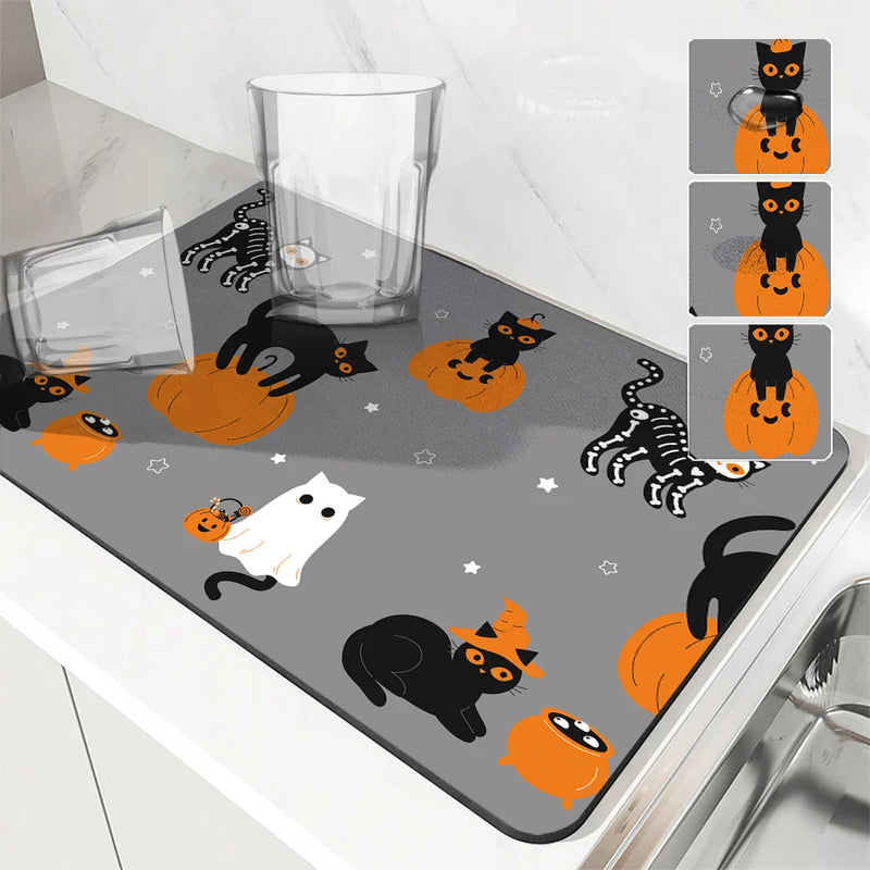 Axyaa Halloween Kitchen Draining Mat: Absorbent & Antiskid.