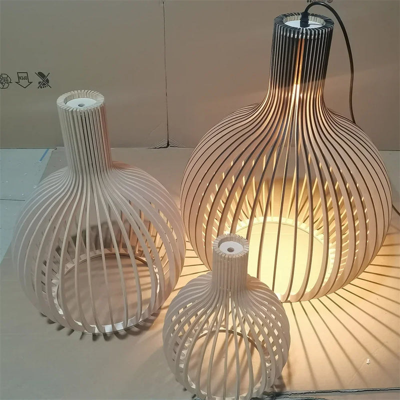 Axyaa Modern Wood Birdcage Chandelier with Black and White Orb for Dining and Living Decor