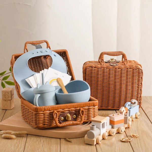 Axya Newborn Vintage Gift Box Set: Feeding Bowl, Spoon, Bib, Cup, Wooden Train Toy, Photography Prop