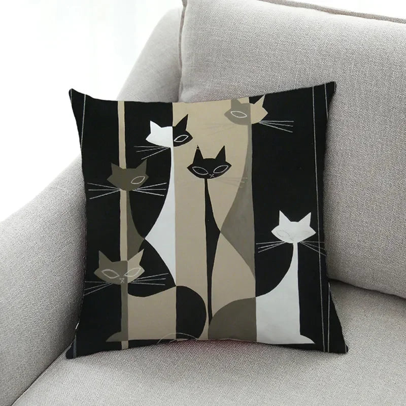 Axyaa Cat Print Linen Pillowcase 45x45cm Home Decor Cushion Cover