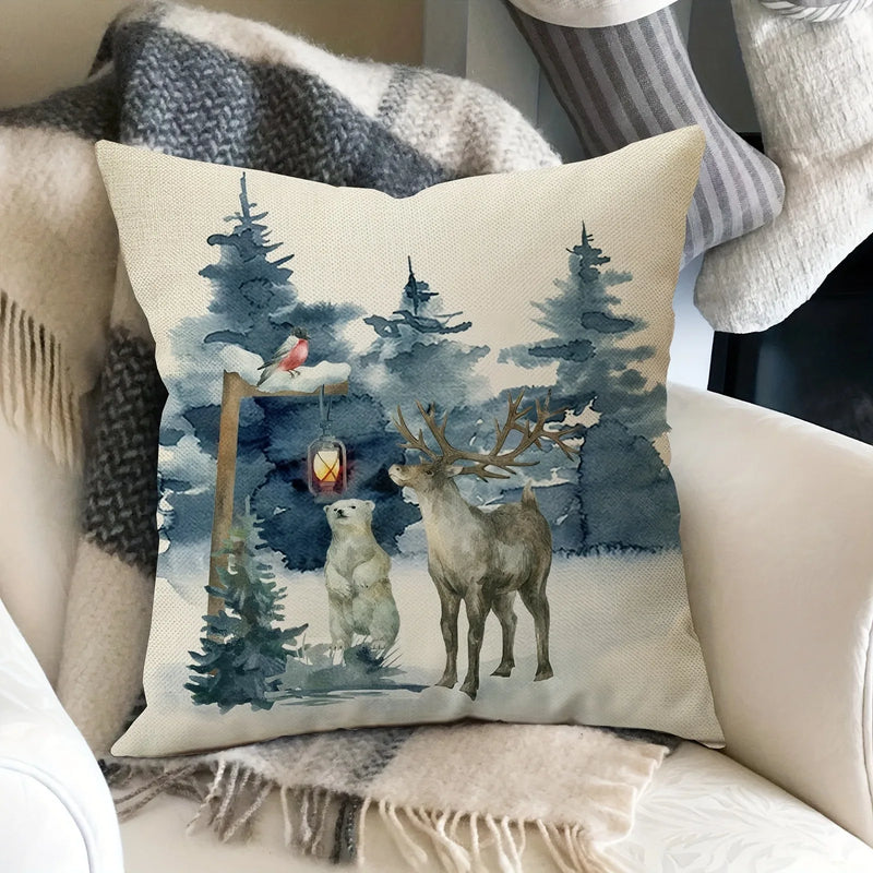 Axyaa Winter Holiday Pillowcase - Festive Elk Bear Tree Cushion Cover