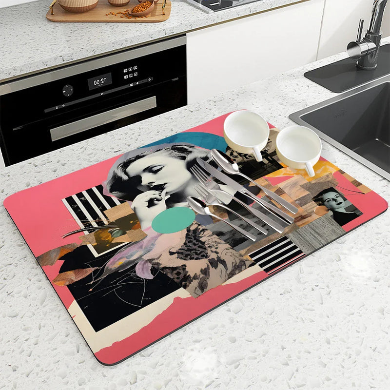Axyaa Geometric Flower Coffee Cup Drying Mat, Non-slip & Absorbent Kitchen Counter Mat