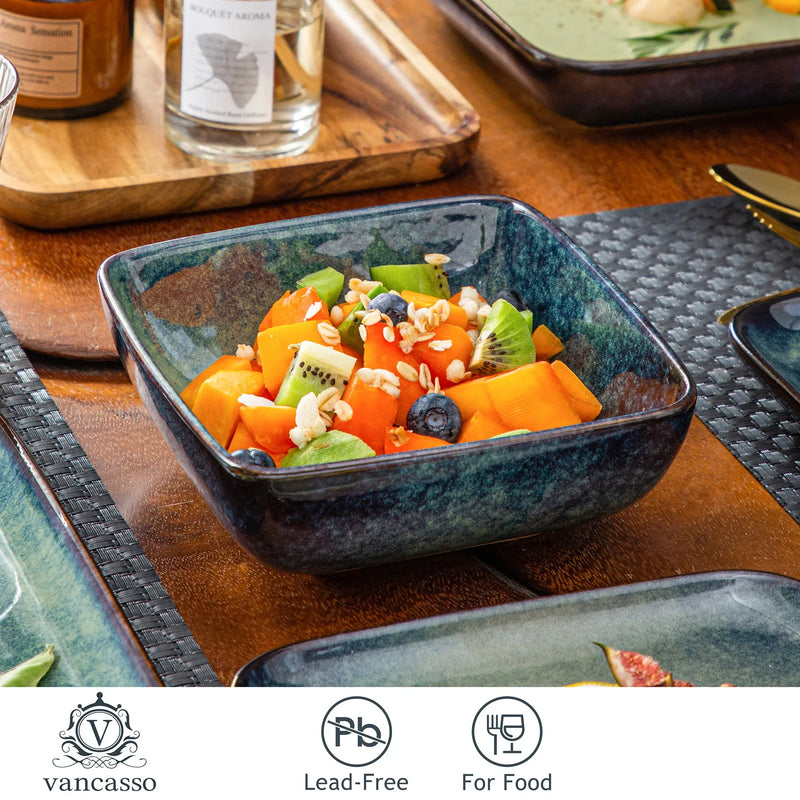 Axya Stern Green Square Dinner Set | 16-Piece Ceramic Tableware Set