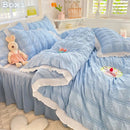 Axyaa Seersucker Ruffle Bedding Set - King/Queen Solid Color Princess Style Cotton Comforter Cover