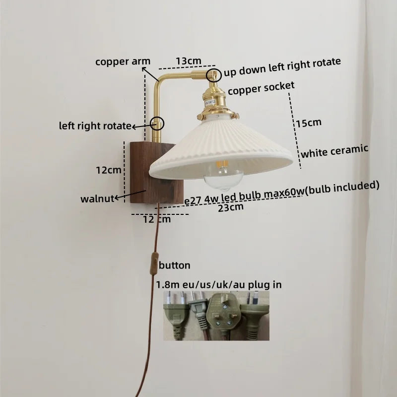 Axyaa Walnut Ceramic LED Wall Lamp with Pull Chain Switch