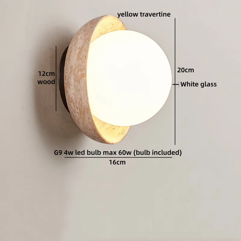 Axyaa White Glass Ball LED Wall Light Yellow Travertine Stone Luxury Decor