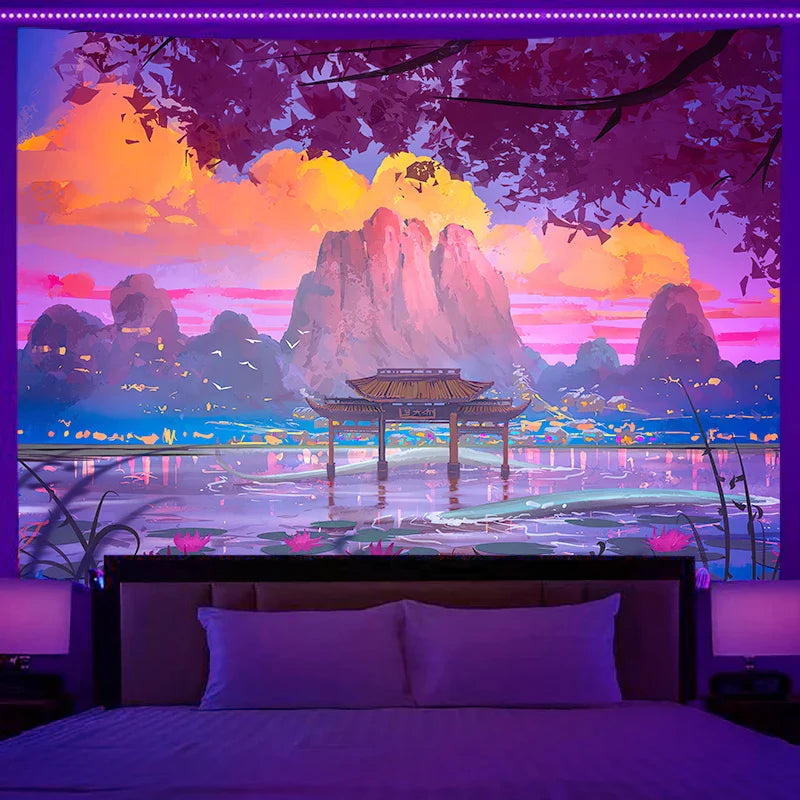 Axyaa Starry Sky Mountain Cherry Blossom Wall Hanging for Aesthetic Bedroom Decor