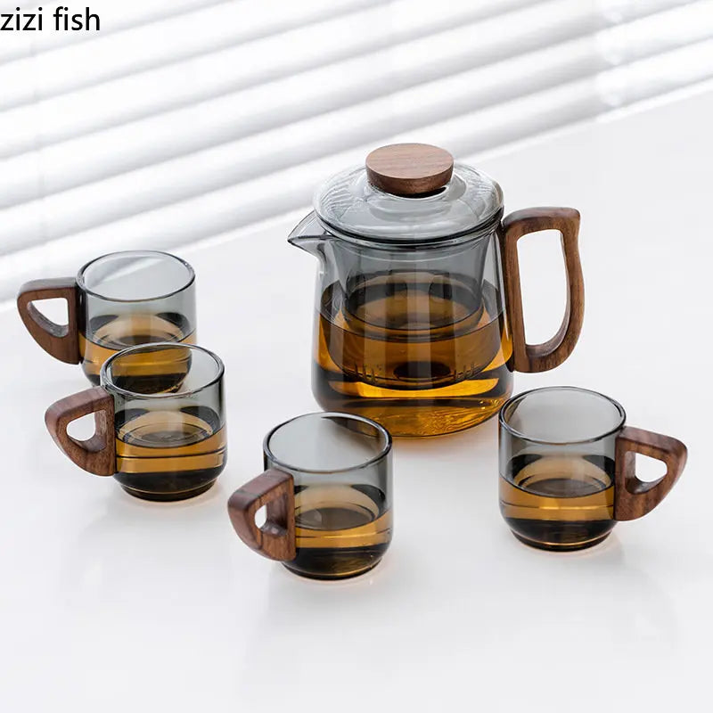 Axya Walnut Wood Glass Teapot Set Transparent Teacup Kungfu Tea Ceremony Set