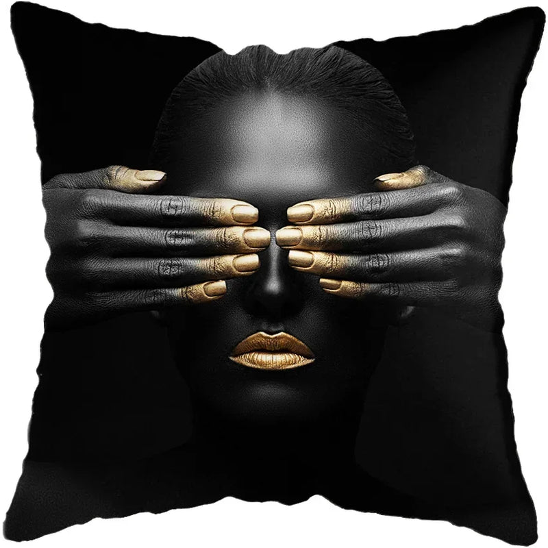 Axyaa Black Gold African Lady Woman Art Deco Pillowcase