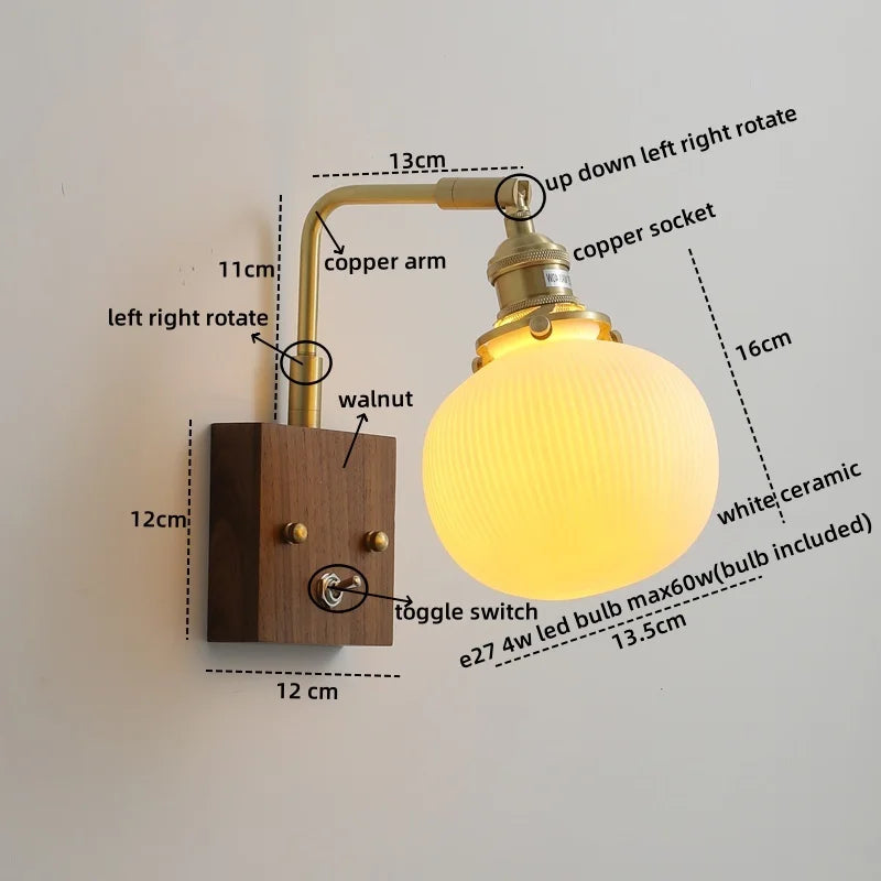 Axyaa Walnut Ceramic LED Wall Lamp with Pull Chain Switch
