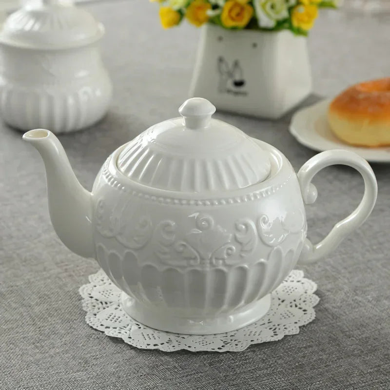 Axya Embossed Leaf Pattern White Ceramic Coffee Teapot Set