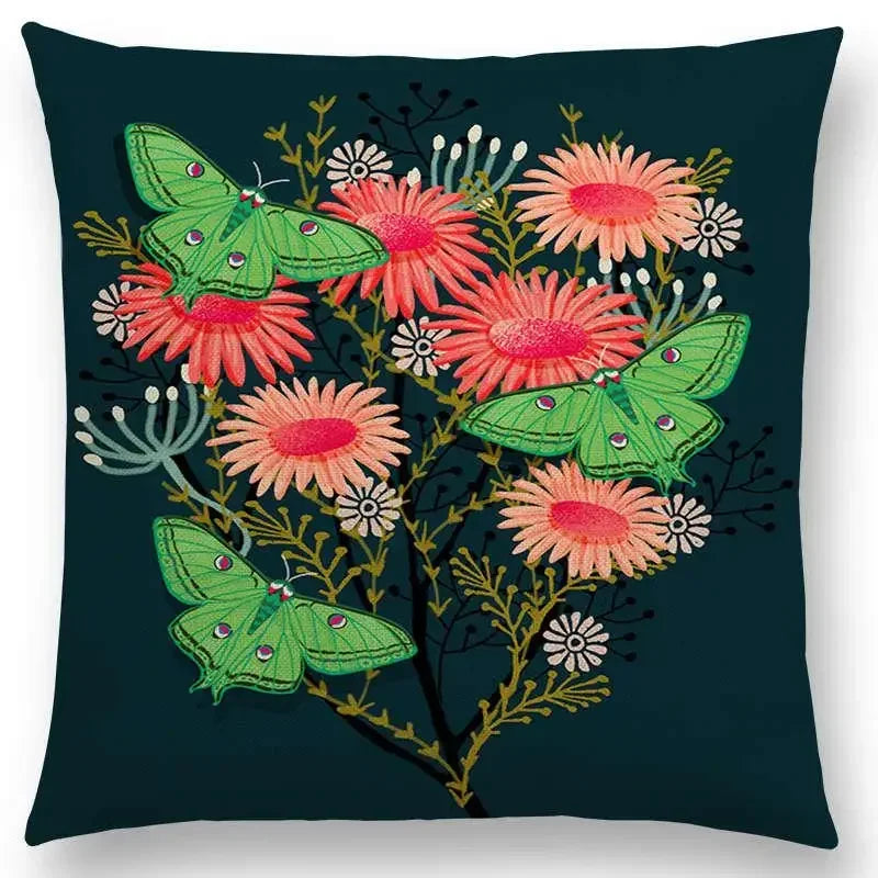 Axyaa Bird-Floral Teacup & Lepidoptera Cushion Cover for Decor & Sofa