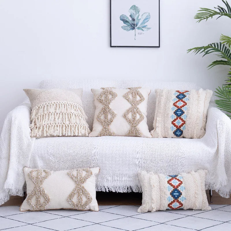 Axyaa Beige Tassels Pillow Case - Tufted Nordic Style Cushion Covers