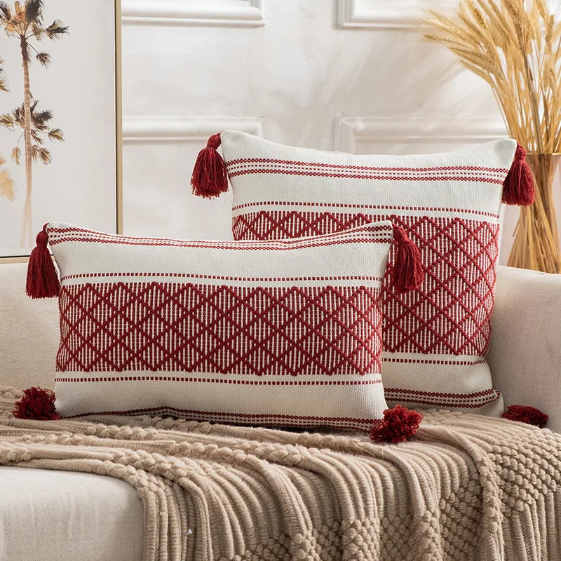 Axyaa Boho Diamond Jacquard Cushion Cover with Tassels for Home Decor