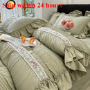 Axyaa Korean Princess Lace Ruffles Wedding Bedding Set with Washed Cotton Soft Duvet Cover