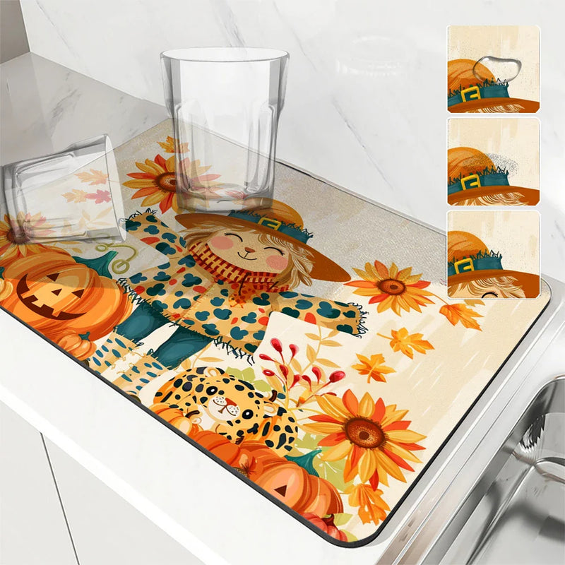 Axyaa Watercolor Pumpkin Draining Mat for Kitchen and Bathroom