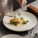Axyaa Beige Line Pattern Shallow Plate - Ceramic Steak Salad Sushi Dish