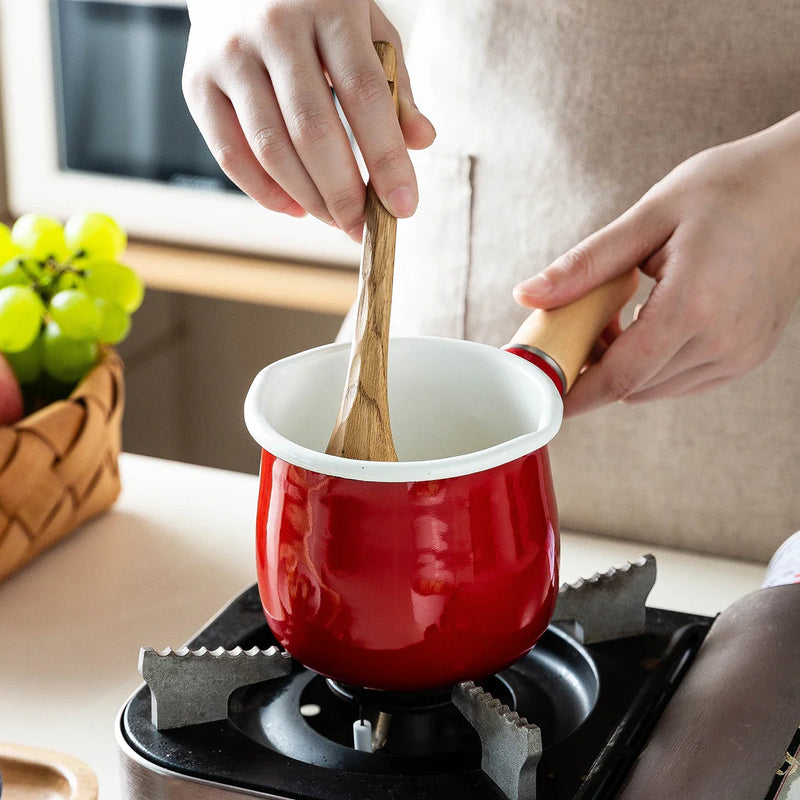 Axya Enamel Coffee Milk Pot Wooden Handle Saucepan Cookware Butter Pan Gas Stove