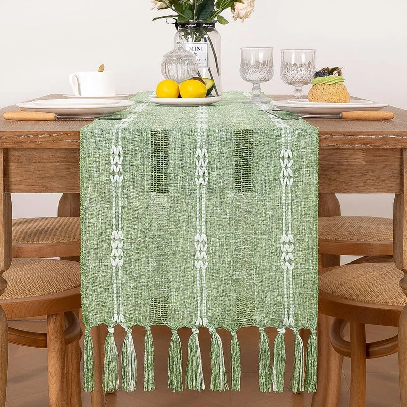 Axyaa Rustic Bed Runner with Tassel - Ivory/Grey/Green/Blue