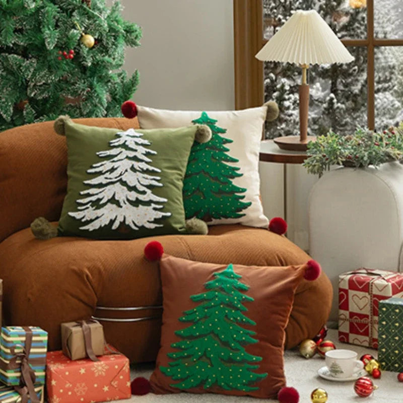 Axyaa Velvet Christmas Pillow Cover Snow Tree Embroidery Rustic Decor