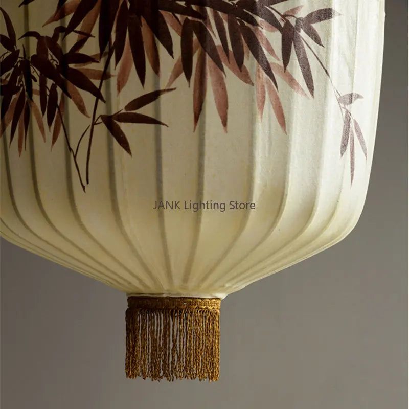 Axyaa Bamboo Leaf Pattern Lantern Pendent Lamp - Hand-painted Japanese Fabric Design