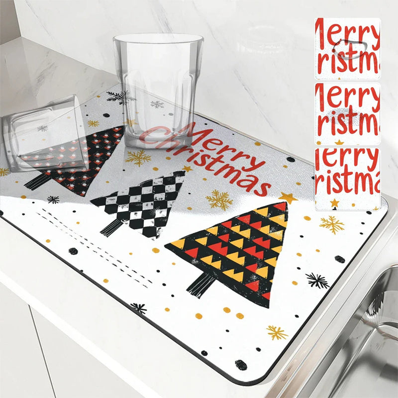 Axyaa Christmas Tree Coffee Cup Drying Mat: Non-slip Absorbent Mat for Kitchen Counter & Coffee Bar