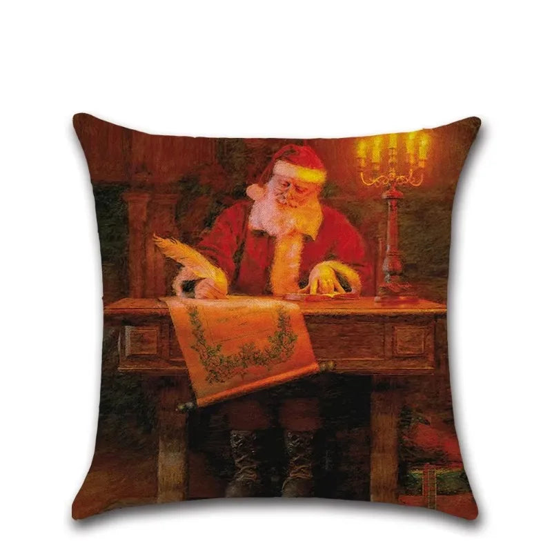 Axyaa Santa Claus Print Linen Pillow Cover - 45X45cm