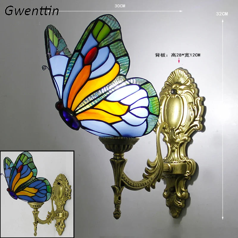 Axyaa Butterfly Stained Glass Wall Lamps: Mediterranean Style Living Room Lighting Fixtures