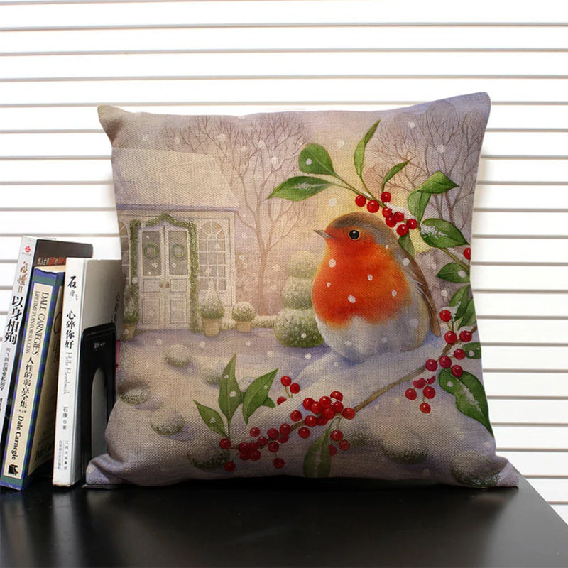 Axyaa Christmas Bird Snow Pattern 45x45cm Linen Pillow Case Home Sofa Decoration