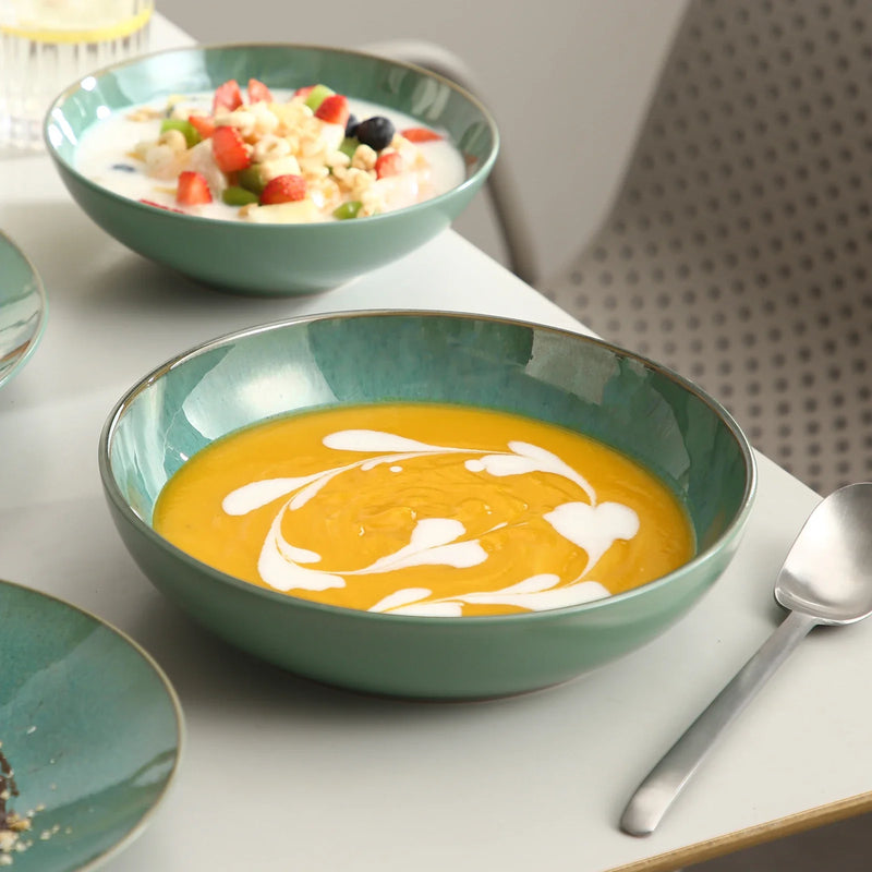 Axya™ Karst Green Stoneware Tableware Set for 4/8/12: Dinner, Dessert Plate, Soup Bowl, Mug