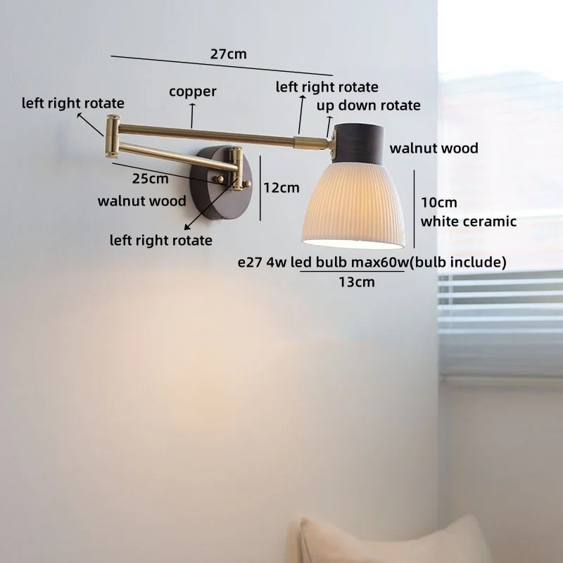 Axyaa Ceramic LED Wall Lamp, Swing Arm Rotate White Interior Light