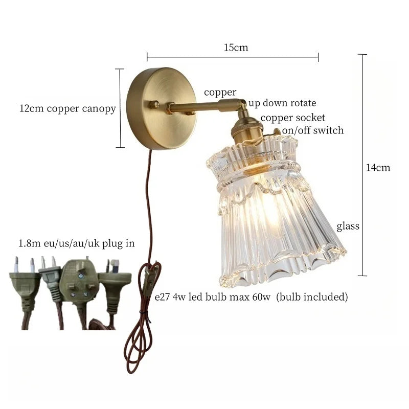 Axyaa Clear Brass Glass LED Wall Lamp with Pull Chain