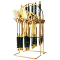 Axyaa Gold Ceramic Dinnerware Set with Stainless Steel Flatware & Cutlery in Luxe Storage Rack