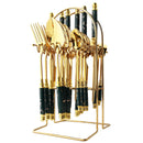 Axyaa Gold Ceramic Dinnerware Set with Stainless Steel Flatware & Cutlery in Luxe Storage Rack