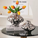 Axyaa Silver Ceramic Vase with Stone Grains and Geometric Slices