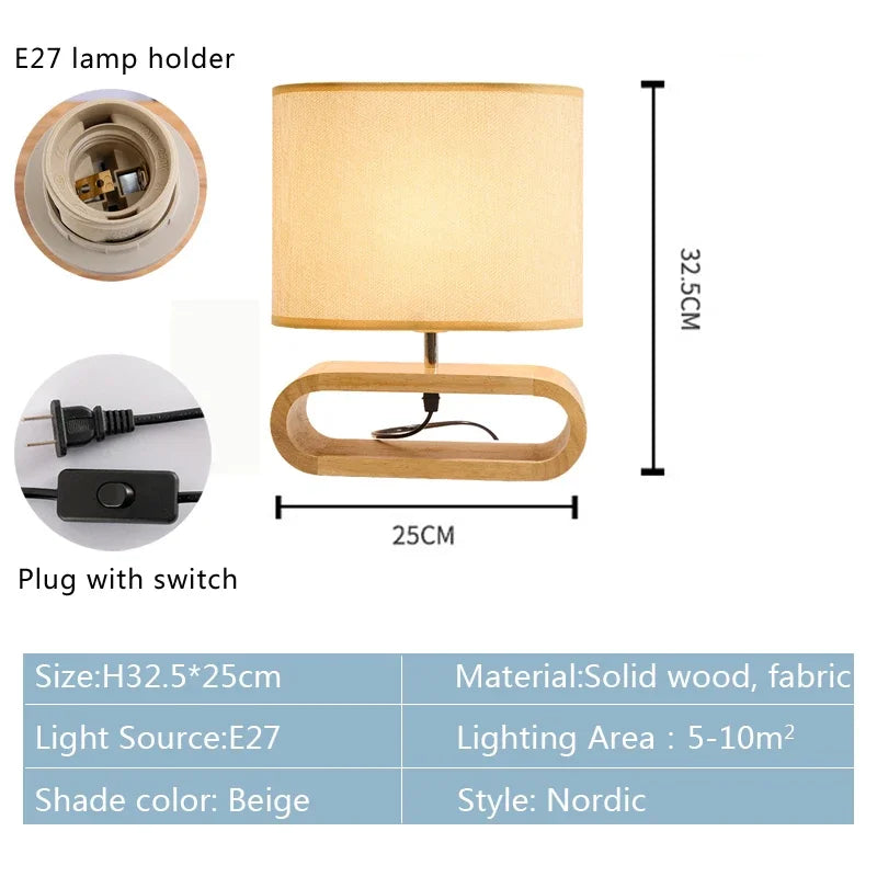 Axyaa Nordic Wooden LED Table Lamp with Linen Lampshade