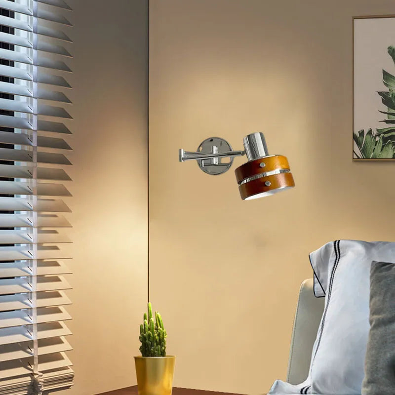 Axyaa Chrome & Wood Long Arm Wall Sconce - E27 Bulb - Ideal for Reading, Study, Bedroom, Office