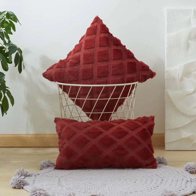 Luxurious Burgundy Diamond Plush Cushion Cover for Home Decor by Axyaa