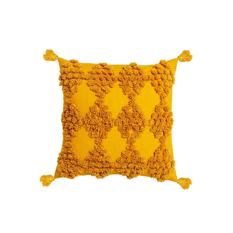 Axyaa Tufted Diamond Pattern Cushion Cover - Nordic Style Beige Yellow Tassel Pillowcase