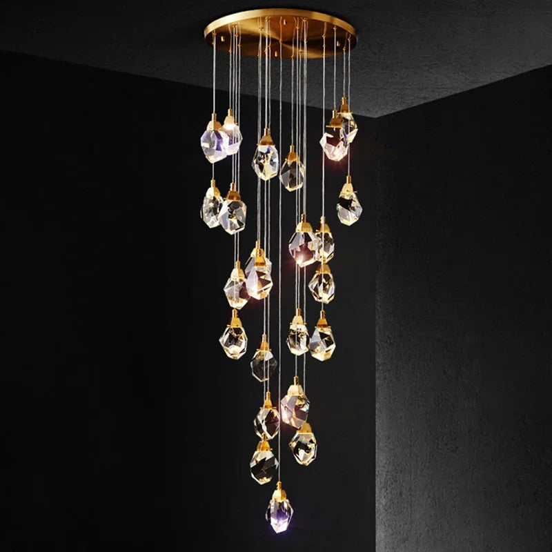 Axyaa Luxury Gold Crystal Chandelier - LED Lighting for Large Living Rooms and Staircases