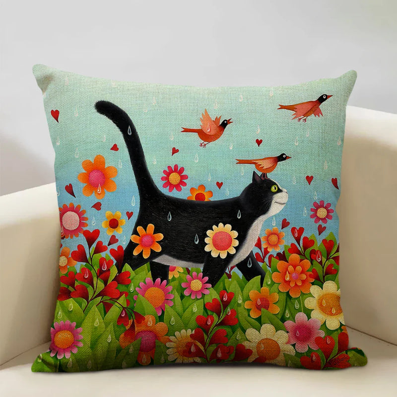 Axyaa Cat and Dog Pattern Cushion Cover 45x45cm Linen Square Pillowcase