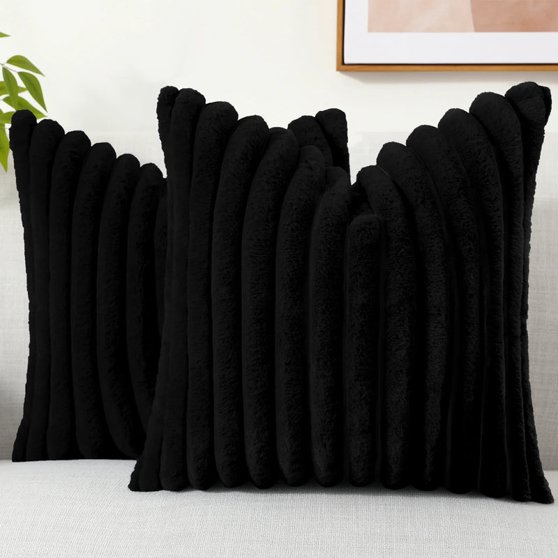 Axyaa 16x16 Faux Fur Striped Pillow Covers 2pcs - Soft Plush Velvet Back